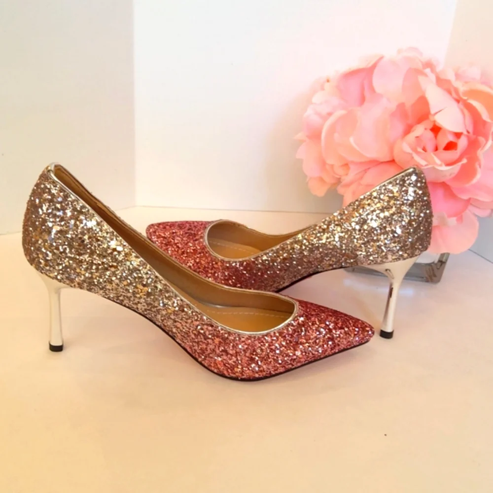 NEW ! Women's glamorous pink silver glitter high heels pumps Wedding Party Prom